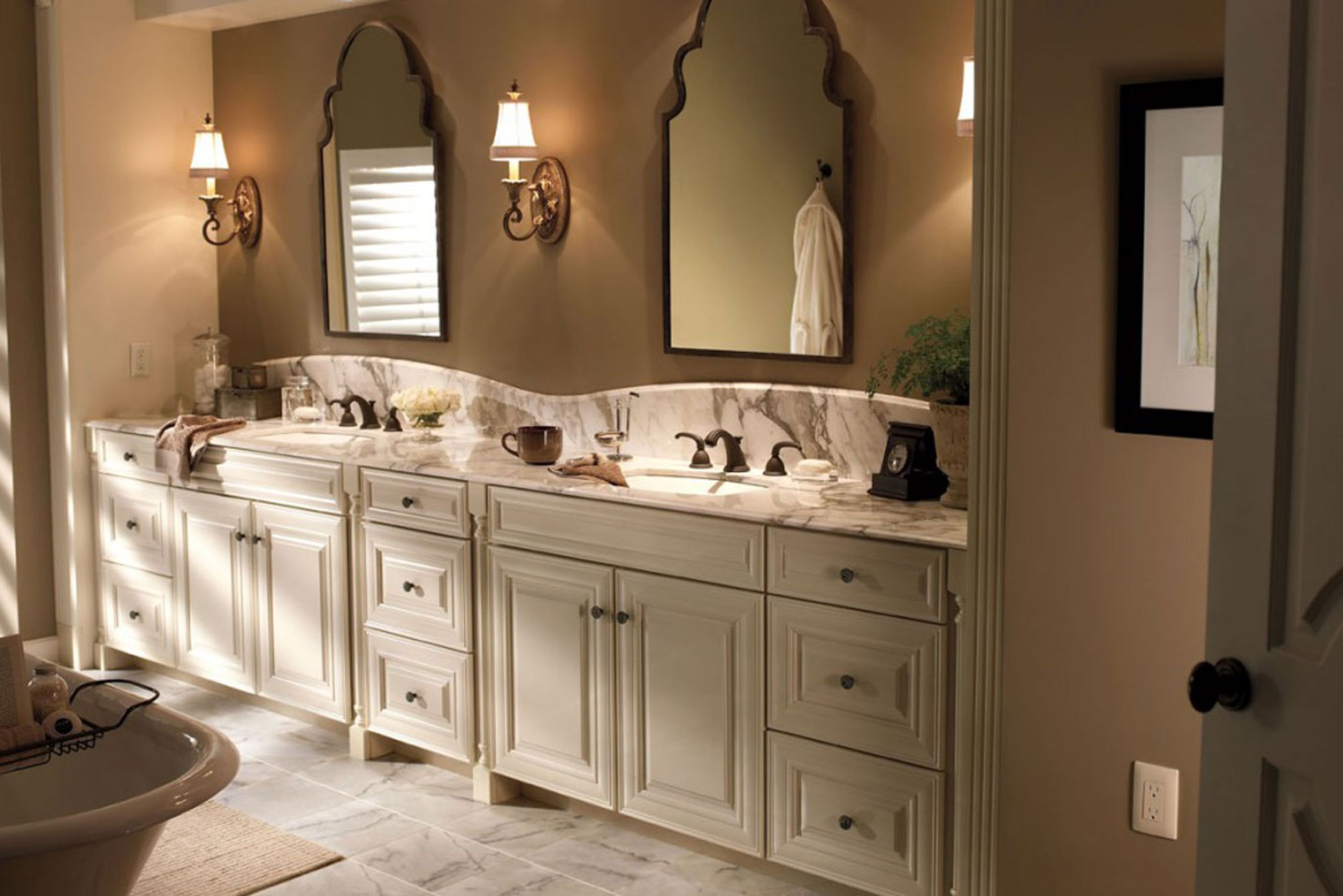 A natural twist to modern design bathroom vanity with marble countertops.